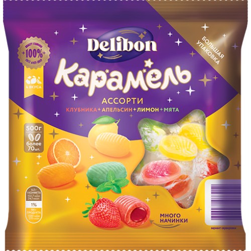 Карамель DELIBON Ассорти с фруктовой начинкой 500г