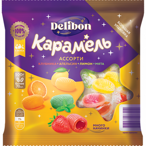 Карамель DELIBON Ассорти с фруктовой начинкой 500г