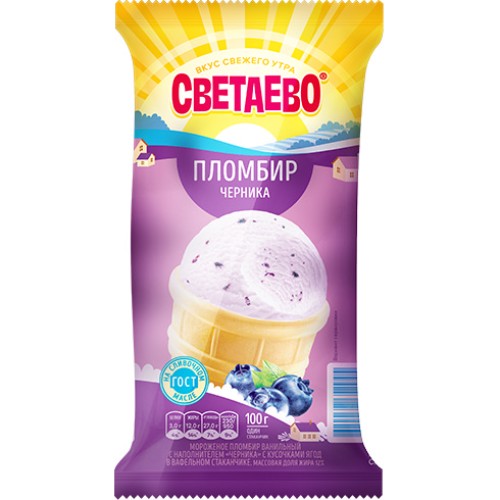 Мороженое СВЕТАЕВО пломбир ванильный с кус. черники 12% 100г