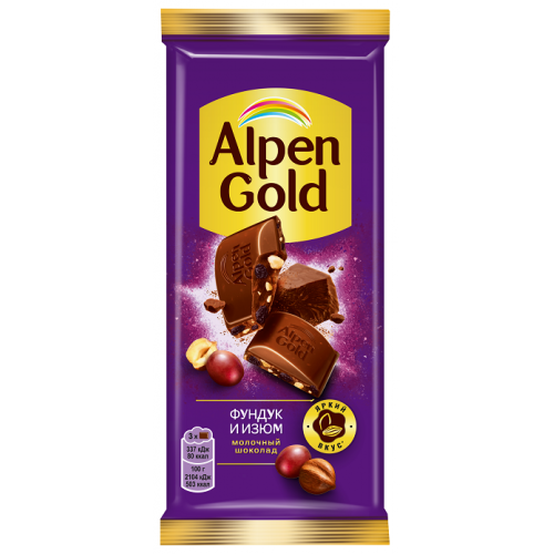 Шоколад Alpen Gold молочн. с фунд. и изюмом 80г